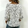 Women Square Neck Blouse White Black Ink Floral Print Ruffle Three Quarter Sleeve Shirt
