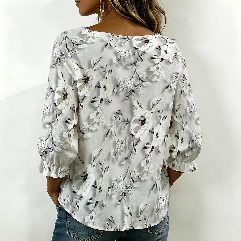 Women Square Neck Blouse White Black Ink Floral Print Ruffle Three Quarter Sleeve Shirt