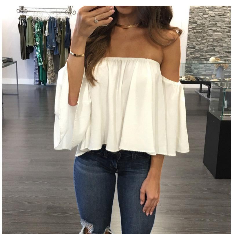 Fashion Women Off Shoulder Chest Wrapped Sexy Chiffon Tops Halter Neck Loose Long Sleeve T Shirts