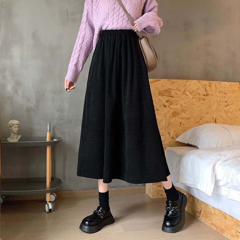 Elastic Waist Corduroy Skirt Women Autumn Winter Vintage Mid-length Skirt Solid High-waisted Korean Style Clothing