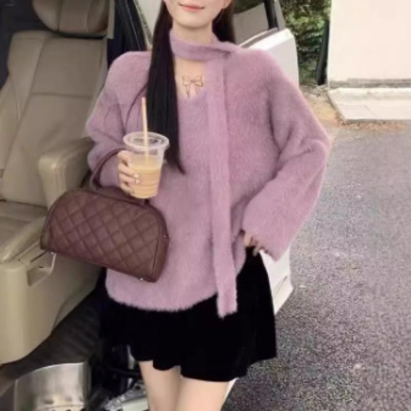 

Свободный и ленивый стиль, мягкая ворсистая имитация норки с шарфом, пуловер, базовый свитер, женская мода, воротник с вязаным свитером внутри One Size фиолетовый