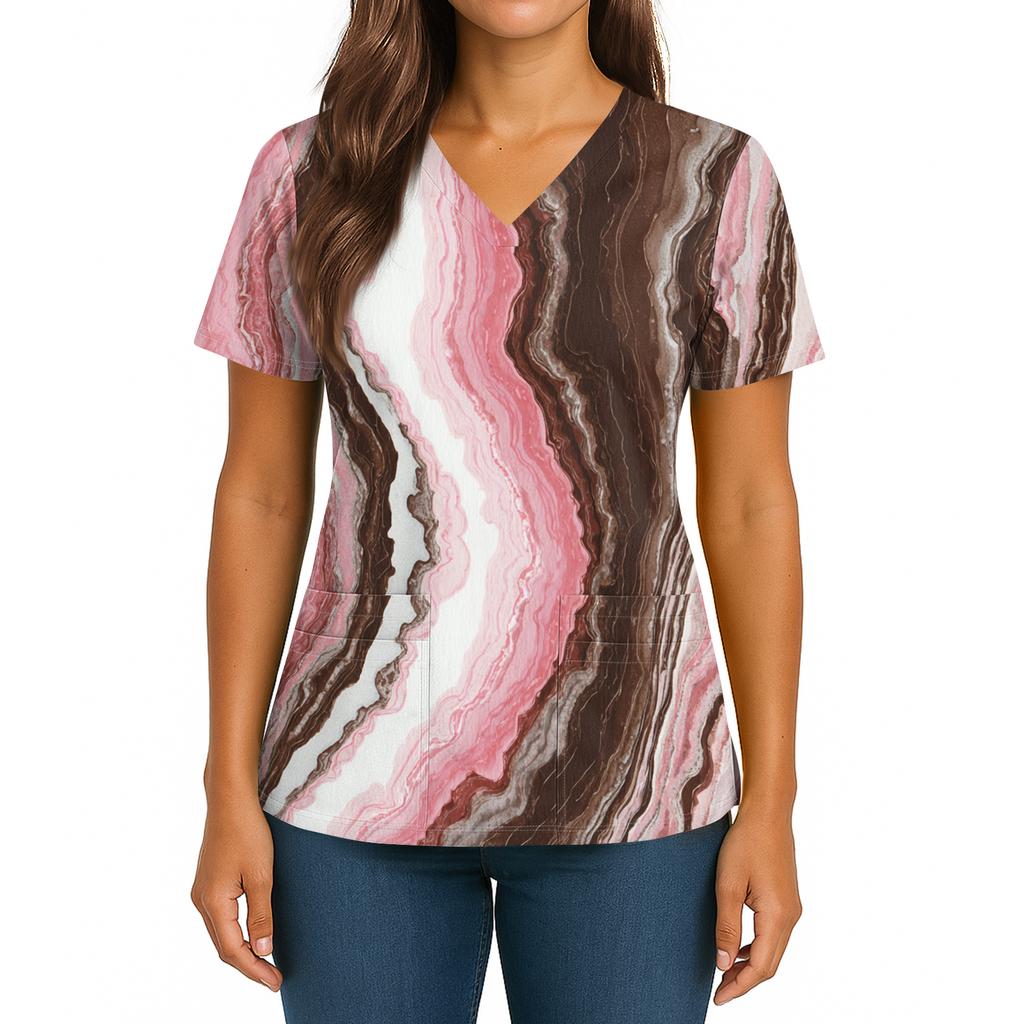 Women's Gradient Print V-Neck Double Pocket Short Sleeves Hem Slit Uniform Caregiver Top