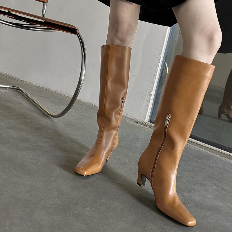 Fashion 2025 New Square Toe Women Boots High Heels Knee-high Boots Split Leather Fashion Party Ladies Shoes Female Women Boots