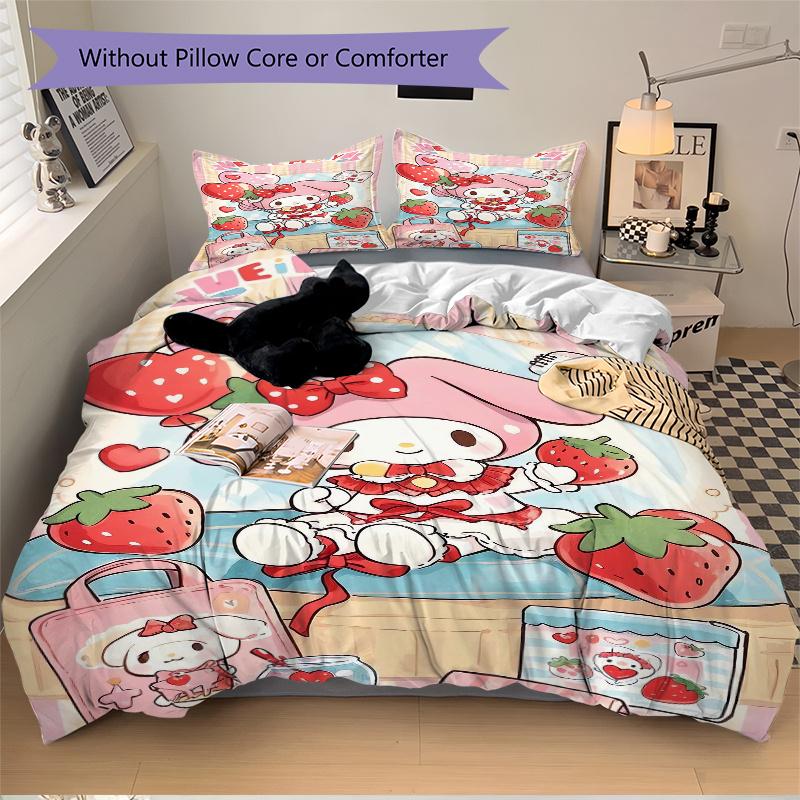 3pcs Strawberry My Melody Bedding Set, Including 1 Quilt Cover and 2 Pillow Shams, Without Filling, Soft and Comfortable Home Bedroom W101