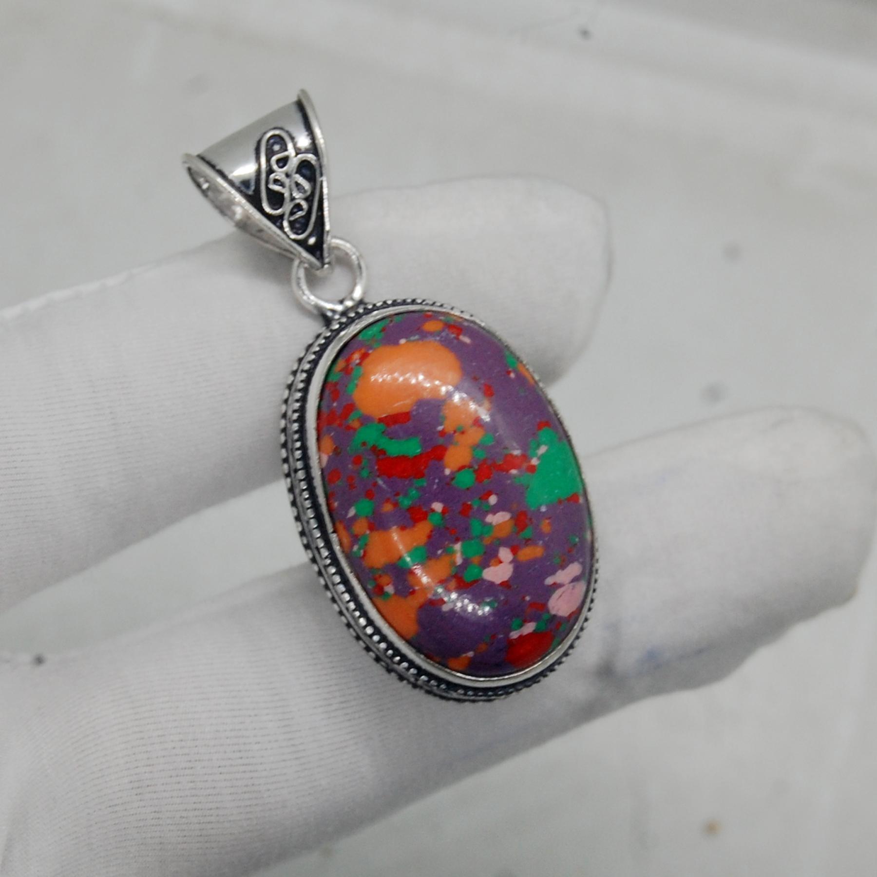 

RAINBOW MOSAIC JASPER 925 Sterling Silver Pedant, Designer Turquoise Pendant