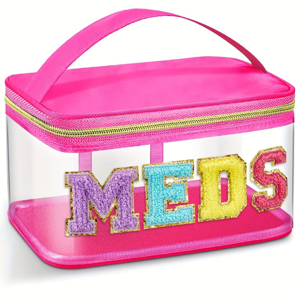 Fashion PVC Chenille Letter MEDS Makeup Bag - Portable Travel Toiletry Organizer with Large Capacity and Zipper Closure