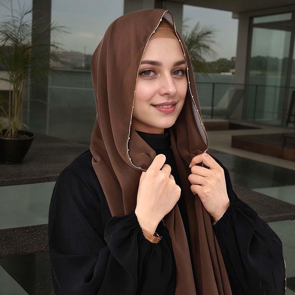 Elastic Colorful Beaded Headscarf Hijab Chiffon Large Shawl Ethnic Style Printed Tail Turban  Women