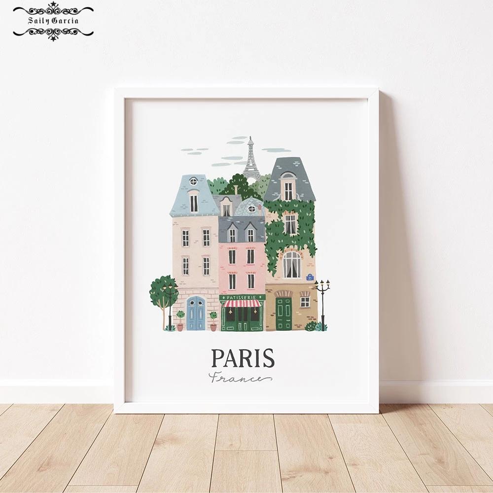 Cartoon Architektur Kunst Poster Paris Rom Kyoto Illustration Leinwanddruck Bilder für Wohnzimmerdekor Innengemälde