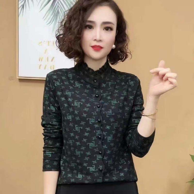 

Women s Jacquard Ruffle Collar Long Sleeve Buttoned Blouse L чёрный