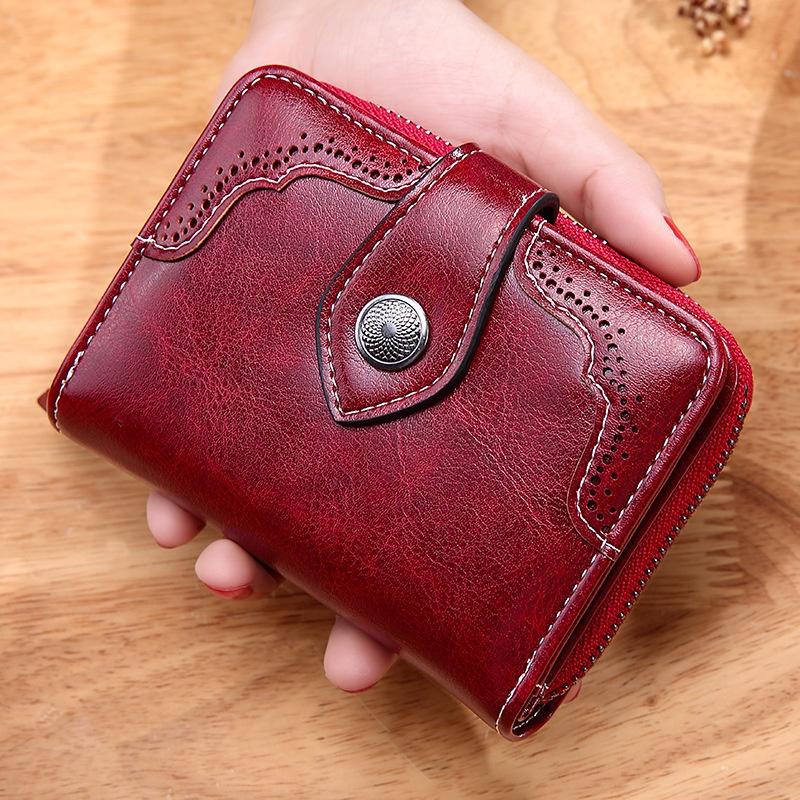 IELGY retro oil wax leather short zipper buckle small wallet for women