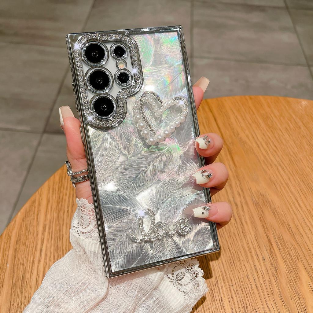 Suitable for Samsung S24 Ultra Mobile Phone Case Luxury Rhinestone S23 Laser Feather A73 Diamond Inlay Love A24 Soft Case
