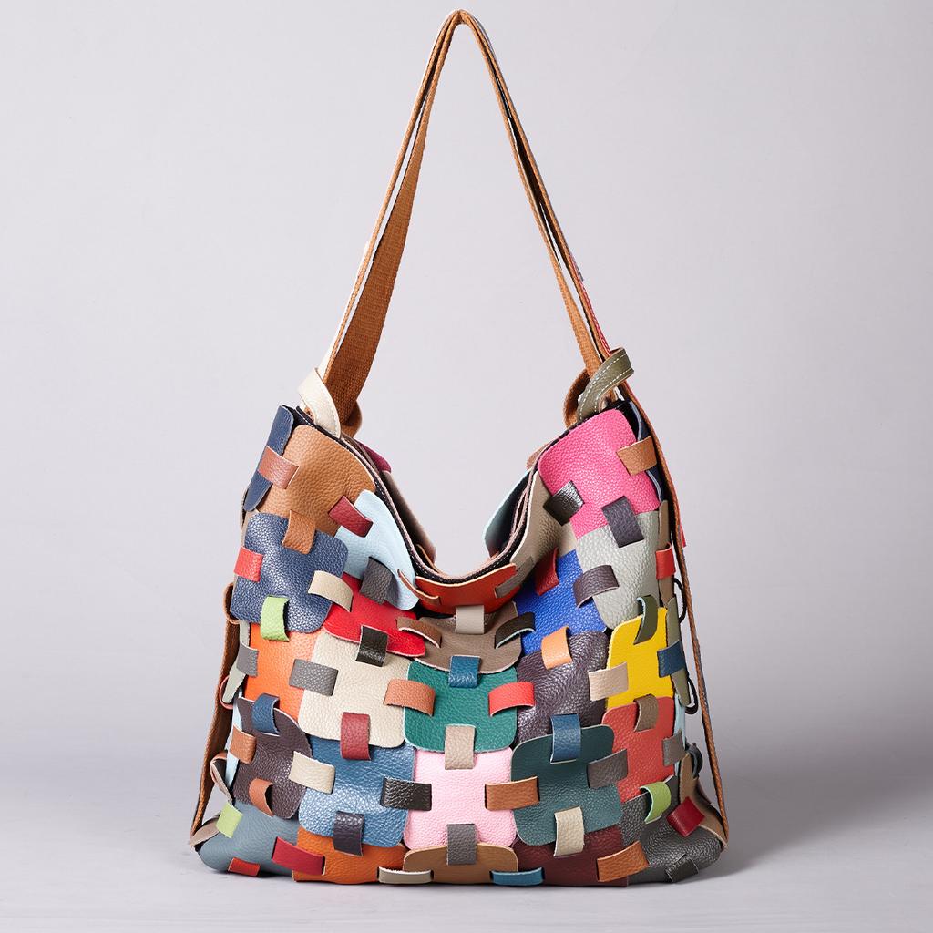 Fashion Women'S Bag Handmade Contrasting Color Leather Block Genuine Leather Women'S Bag Vegetable Basket Dual-Purpose Shoulder Bag Backpack