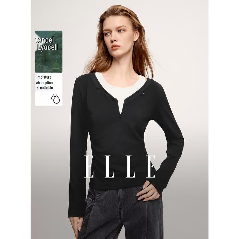ELLE Women s Contrast Faux Two-Piece Tencel V-Neck Long Sleeve Top XL чёрный