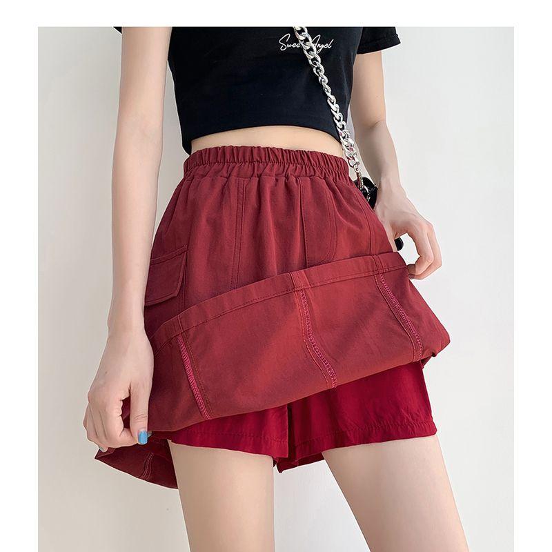 

Japanese and Korean Plus size women clothing Students Elastic Waist Black Cargo Short dress Washed Cotton Anti-exposure Skirt Tide M-5XL Burgundy 4XL