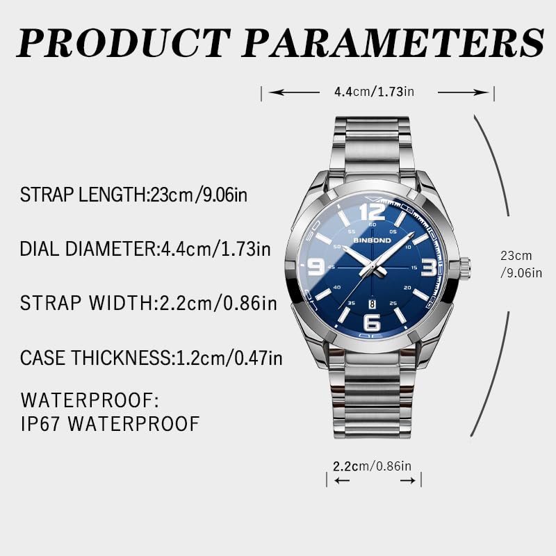 BINBOND Fashion Business Men Watches Stainless Steel Trend Week Calendar Quartz Watch Luminous Waterproof Quartz Watch for Men