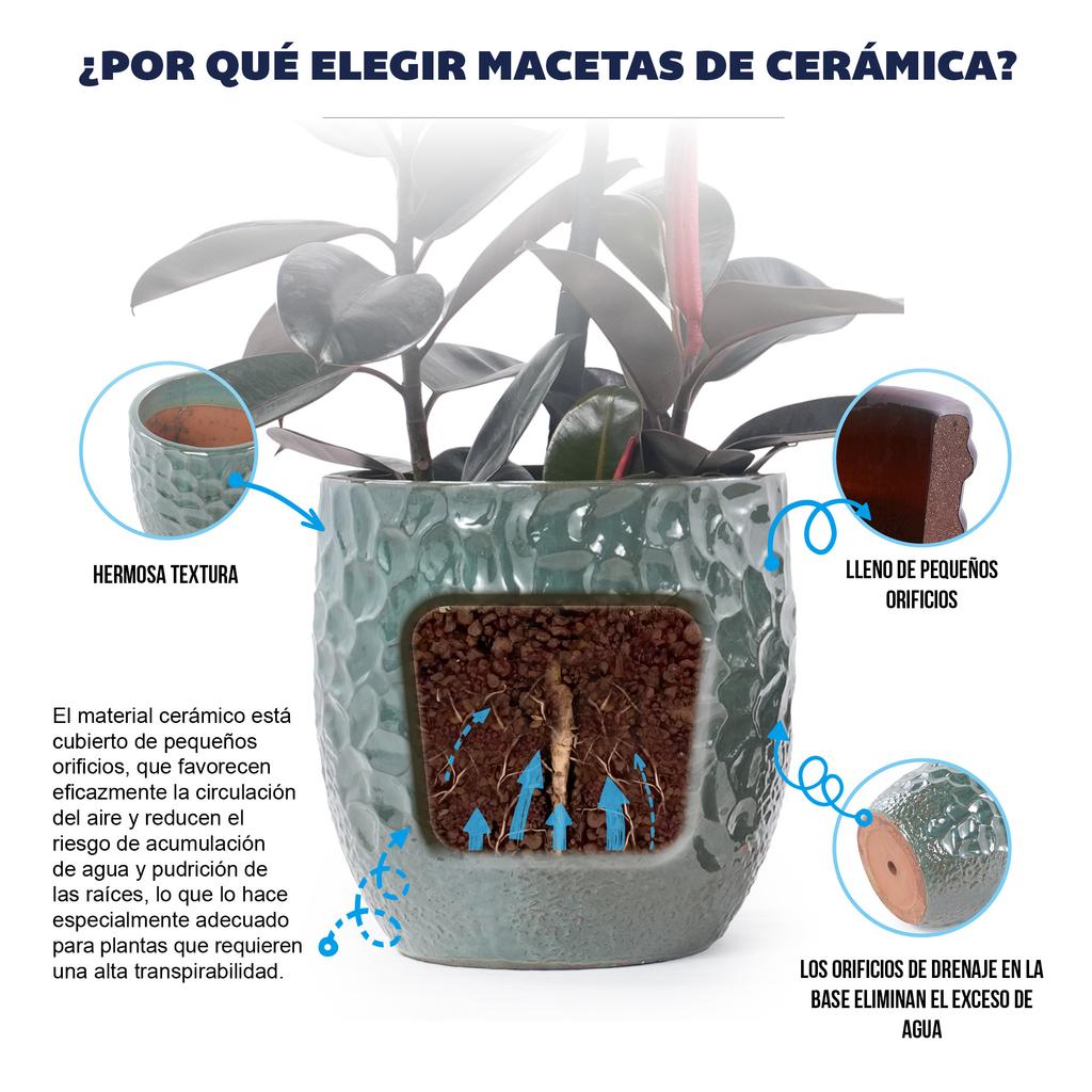 Handcrafted Ceramic Plant Pot diameter 38 cm, Glossy Dark Green with Hammered Relief