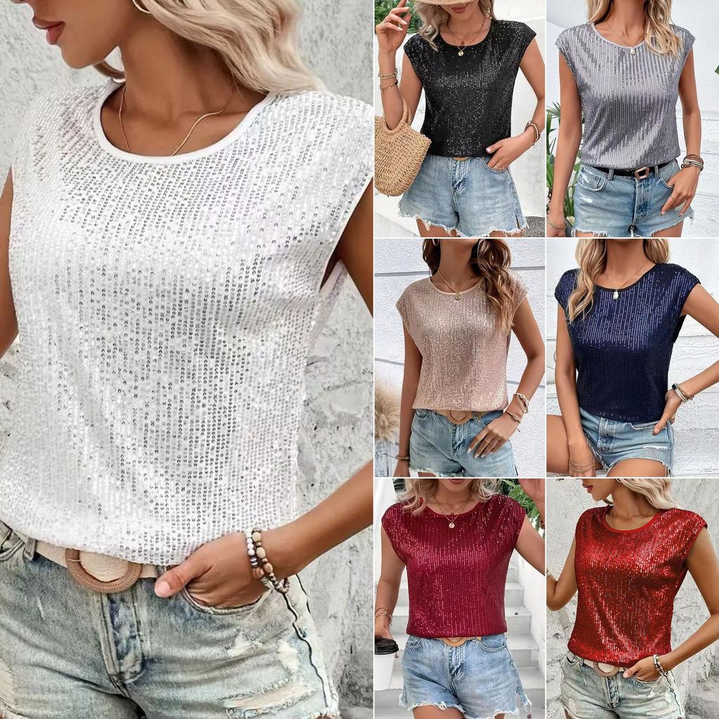 Women's Round Neck Sleeveless Sequin Tank Top Casual Party Sparkly Vest Blouse Summer Tops