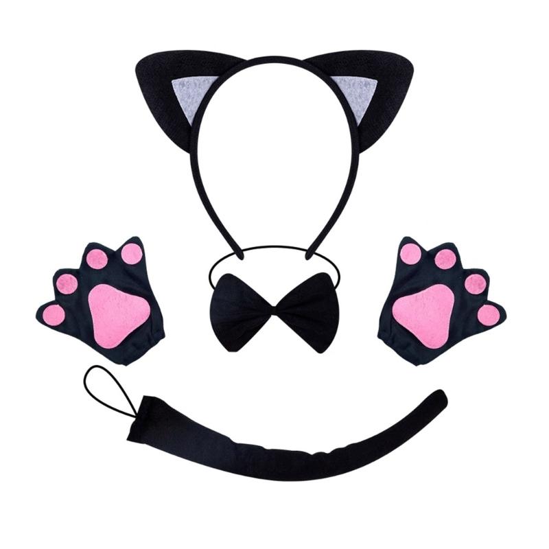 Cats Costume Set Includes Cats Tail Headband Bowtie Glove Skirt Halloween Catgirl Dress up Outfit for Kid Women Cosplay