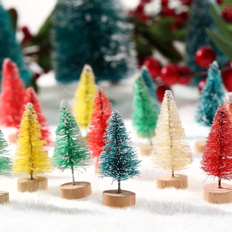 Mini Artificial Christmas Tree with Wooden Base Frosted Bottle Brush Design for Tabletop DIY Crafts Home Decor Christmas Gift