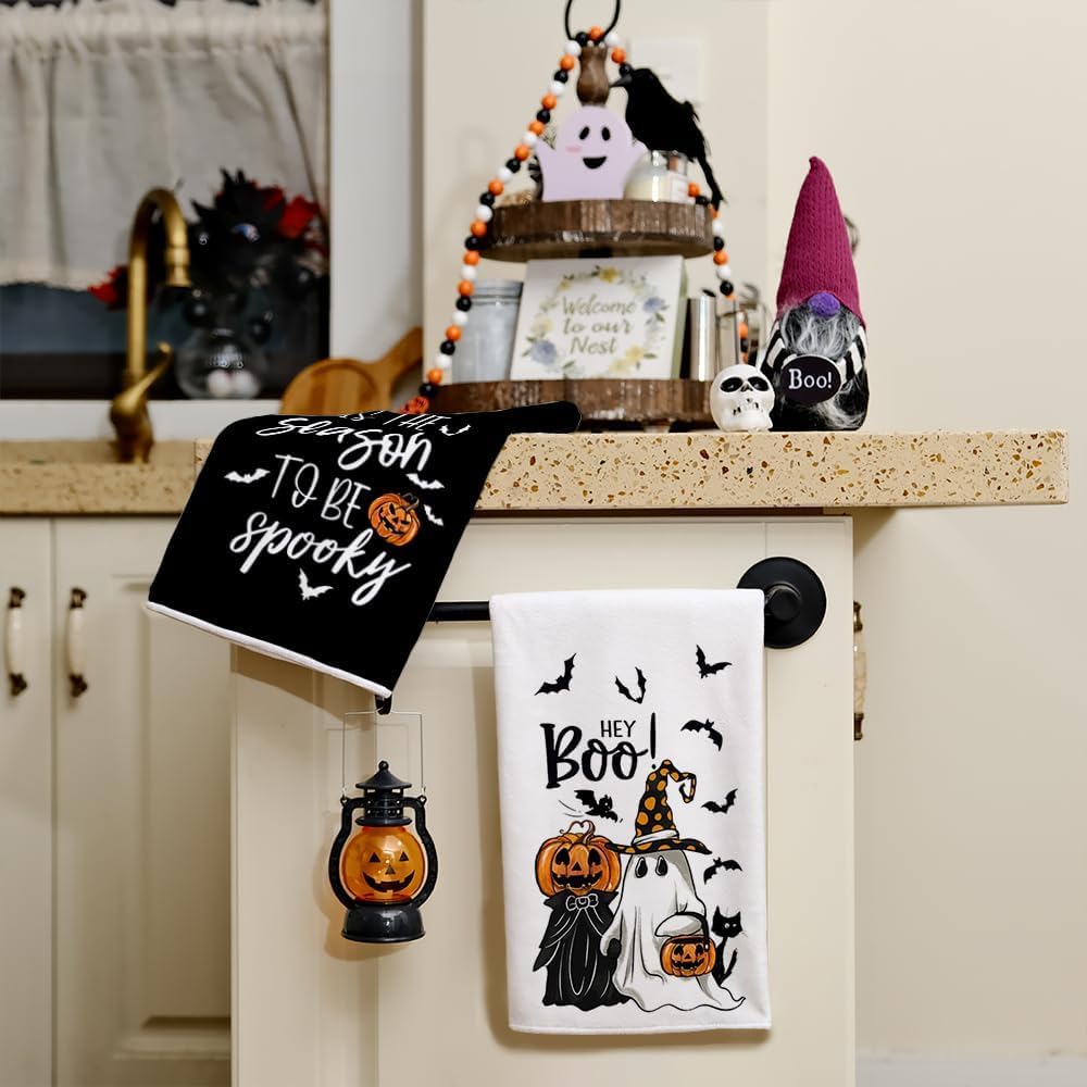 ARKENY Pumpkin Ghost Halloween Kitchen Towels Set of 2,Black Bat Boo Dish Towels 18x26 Inch,Farmhouse Home Indoor Vintage Party Decoration AD394
