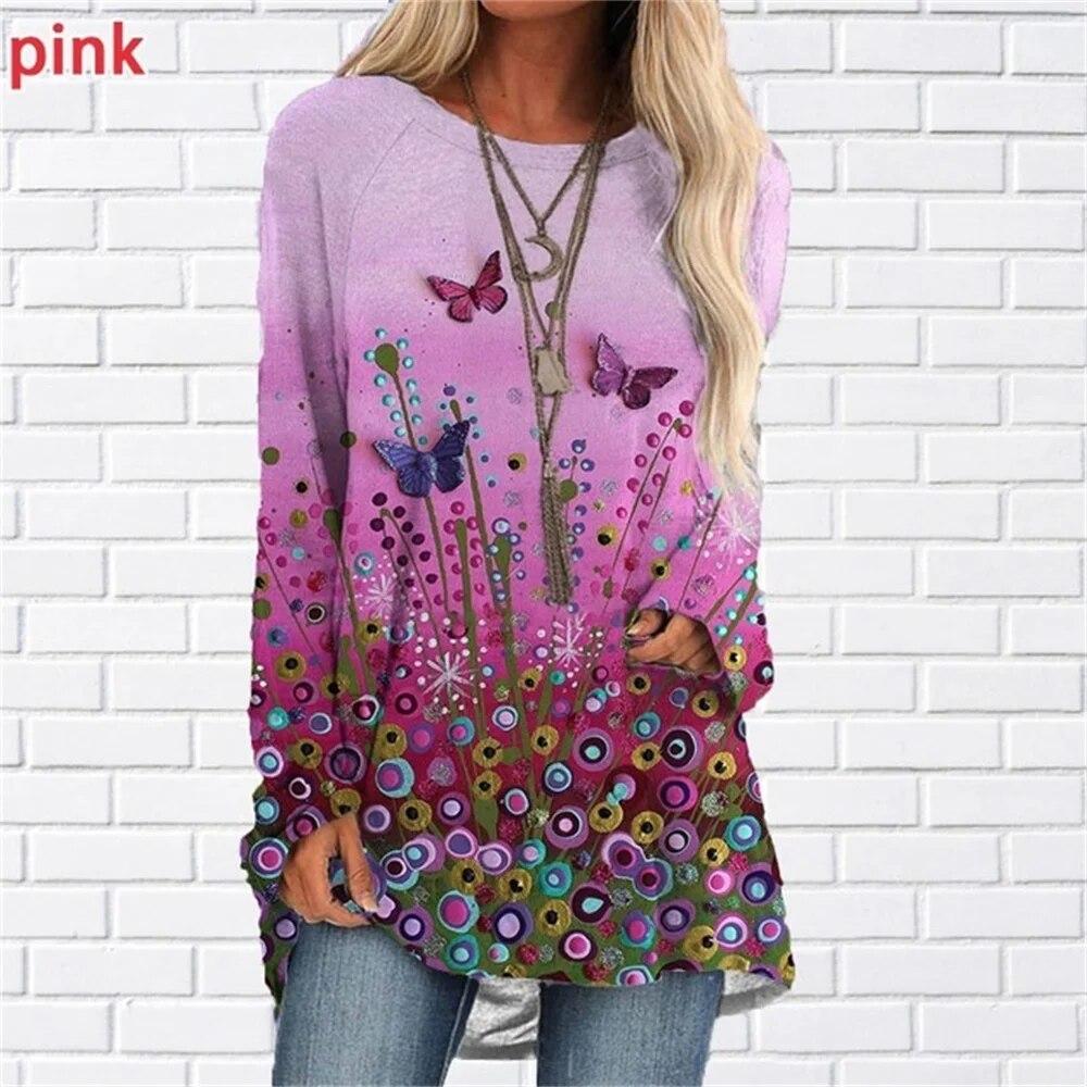 Floral 3d Print T-shirts Women Fashion T-shirt Long Sleeve Tops Tees Summer Long Tops Ladies Camisetas Butterfly Tshirt Girl
