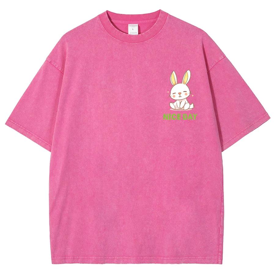 Cute Cartoon Rabbit Print T-shirt Loose Water Wash Vintage Short Sleeve Men's and Women's Casual Fashion Summer Top