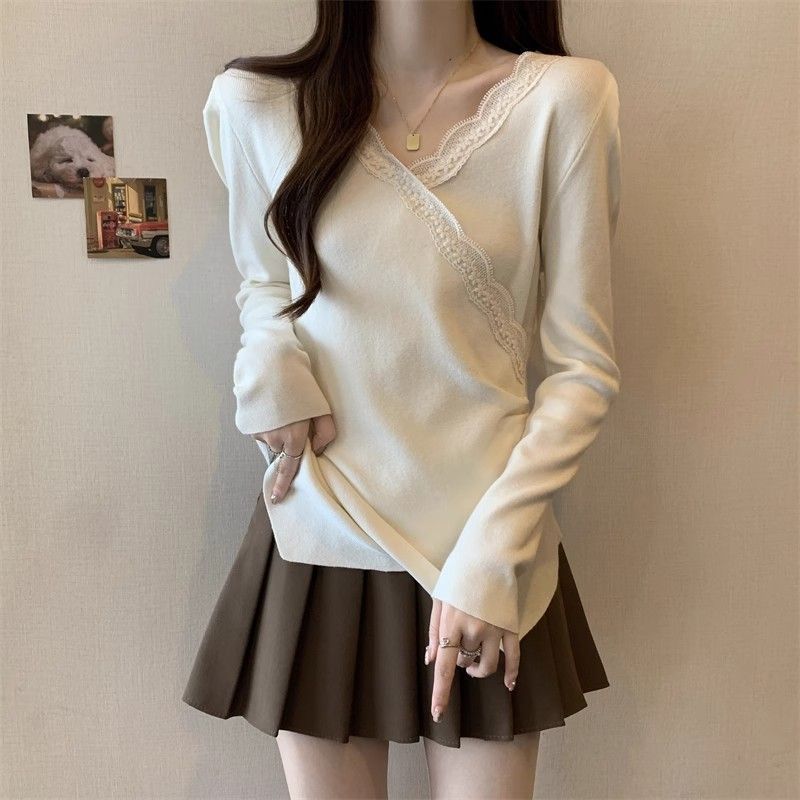 Women Lace Trim V‑Neck Long Sleeve Top Irregular Hem Slim Fit Blouse