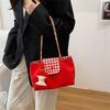 Casual Nylon Plaid Shoulder Bag With Pendant Dopamine Handbag Large Capacity Women Commuter Tote Bag  Trendy Armpit Bags