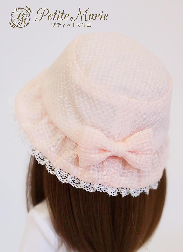 Petite Marie DD MDD Compatible Pink Gingham Check Crochet Hat with Ribbon for a Girly Fits inch 60cm and 40cm BJD 1/3 (DDH-01-10) Look. Pink. 9-10