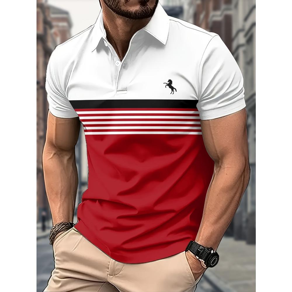 Fashion Men'S Casual Striped Polo Shirt, 100% Polyester Fabric, Regular Fit with Slight Stretch, Button Collar