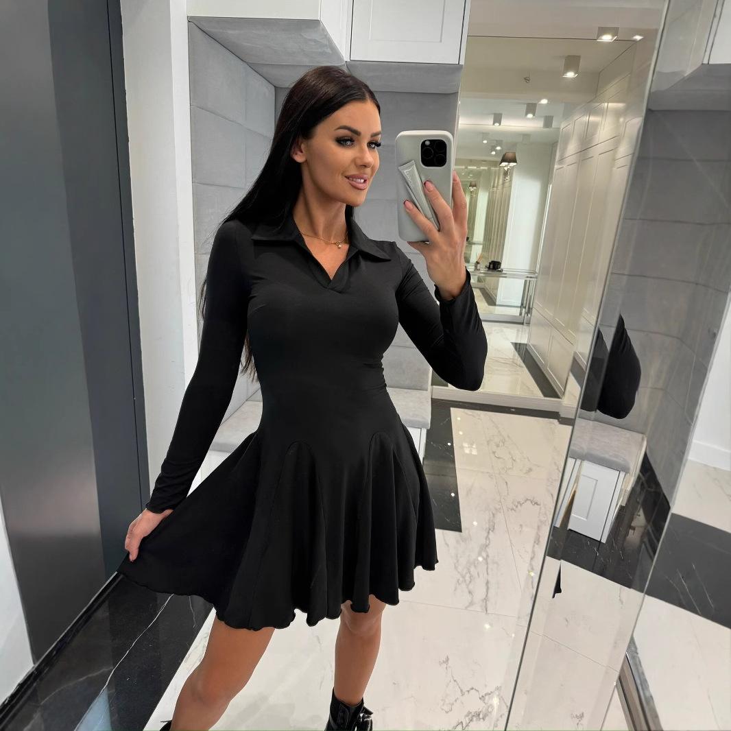 

YYFS женские модные весенне-осенние однотонные повседневные платья с длинными рукавами и воротником-поло с принтом XXL чёрный