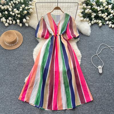 Rochie elegantă și elegantă cu dungi, mâneci bufante, pentru plajă, petrecere, vară, linie A, pentru femei