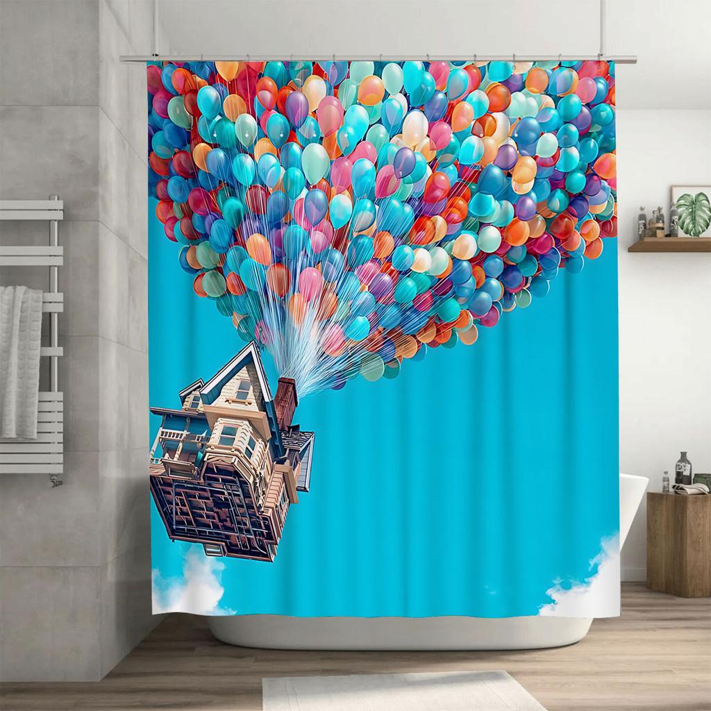 Colorful Balloons House Shower Curtain Dreamy Sky Design Waterproof Fabric Bathroom Decor Unique Artistic Print Elevate Space