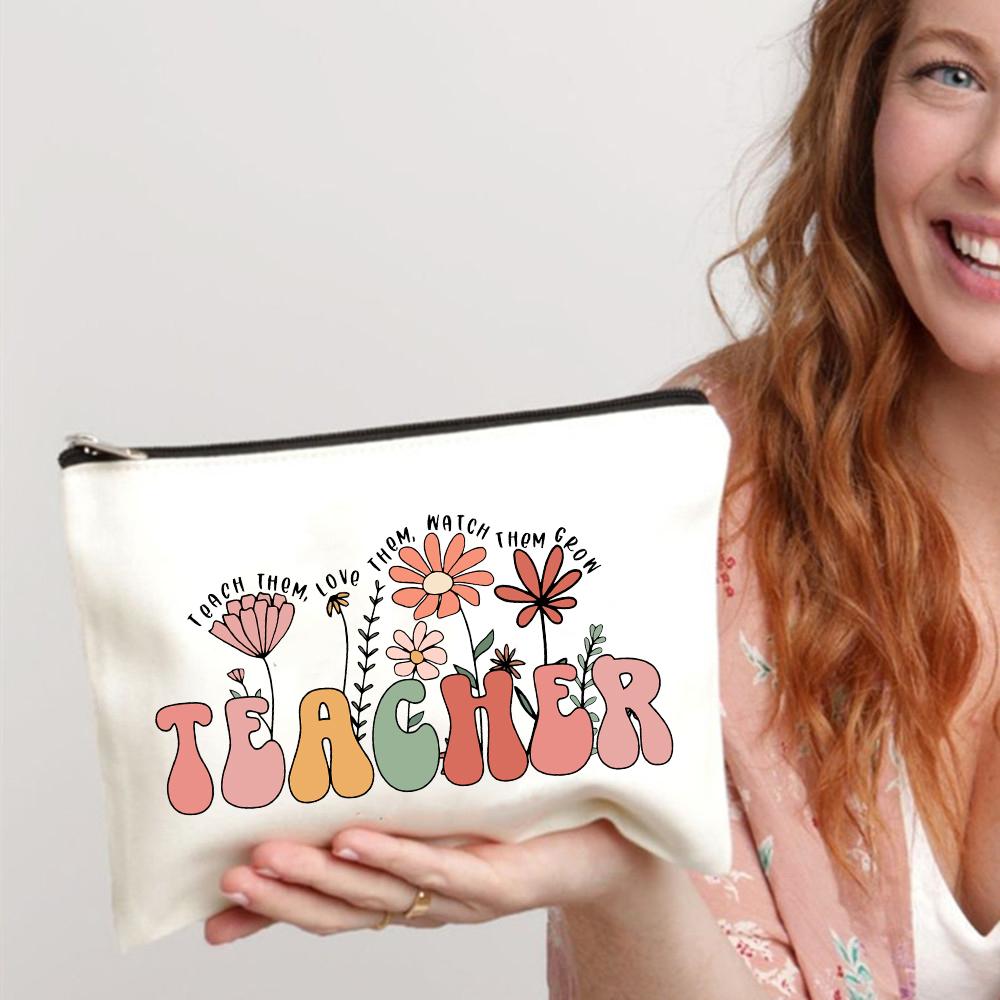 Teacher Flower Print Pencil Case Travel Makeup Bag School Stationery Supplies Storage Bags Wash Pouch Cosmetic Bags Teacher Gift