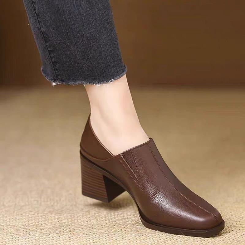 2025 Fashion Genuine Med Chunky Heels Pumps for Women Square Toe Med Heels Deep Mouth Pumps Female Work Shoes