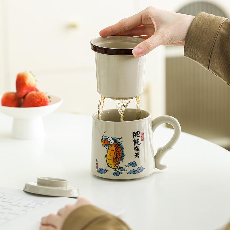 Cute Creative Ceramic Bubble Tea Cup Large Capacity Mug with Lid Filter Tea Separation Home Office Tea Cup