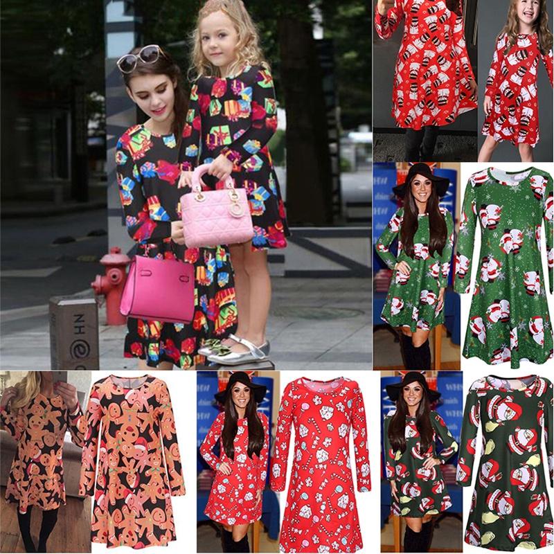 Charming Girls Children Christmas Dress Featuring Elegant Santa Bow Print For Mothers And Daughters