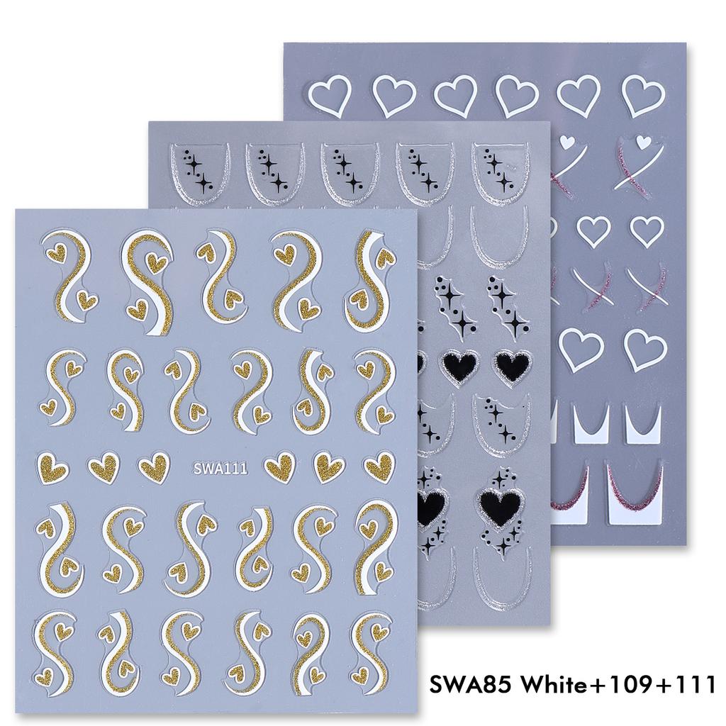 3pcs Valentine's Day Nail Art Stickers 3D Black White Pink Lines Love Nail Decals DIY Adhesive Slider Manicure Decorations