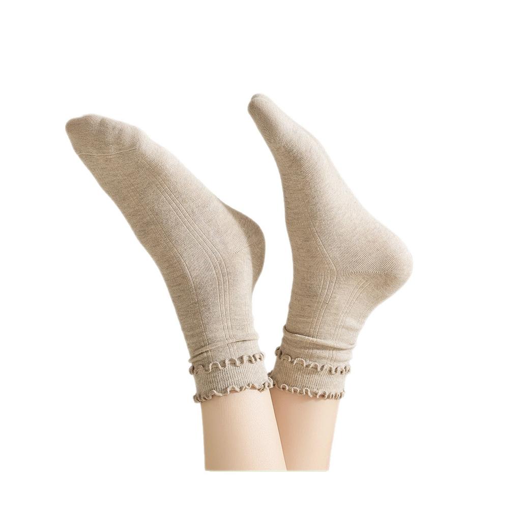 Female Autumn Style Pure Cotton Fungus Border Deodorizing Antibacterial Boneless Tube Stack Socks