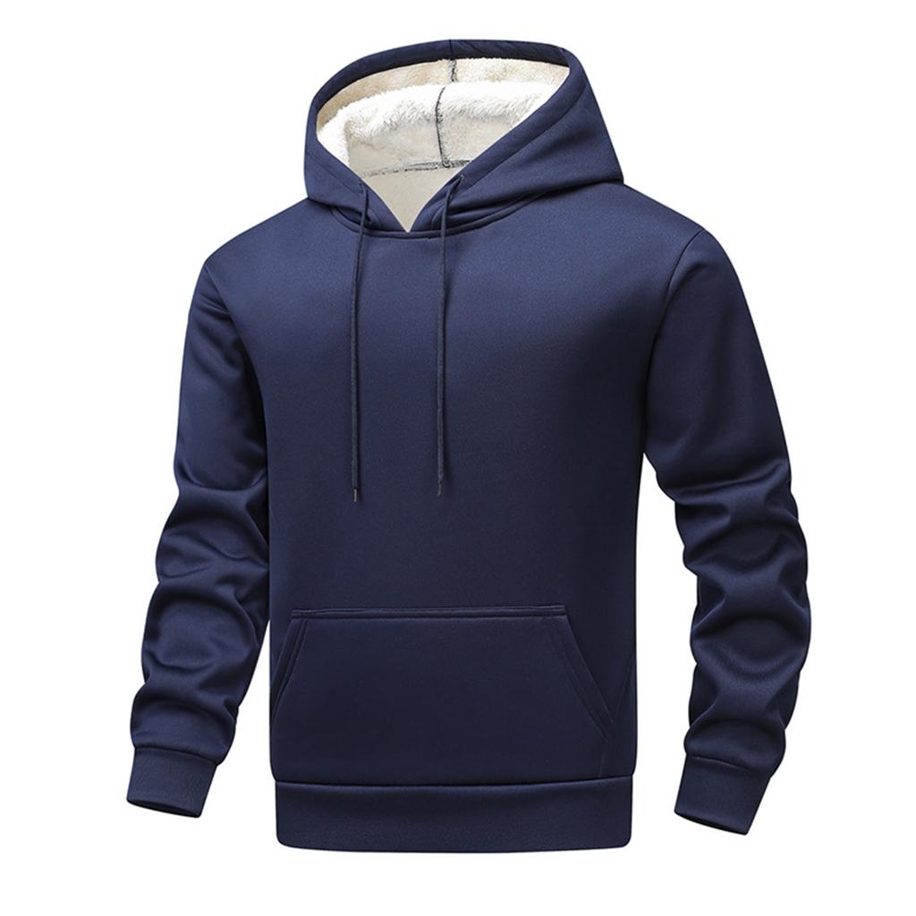 Men's Drawstring Pocket Solid Color Loose Warm Plus Fleece Casual Sports Hooded Sweatshirt