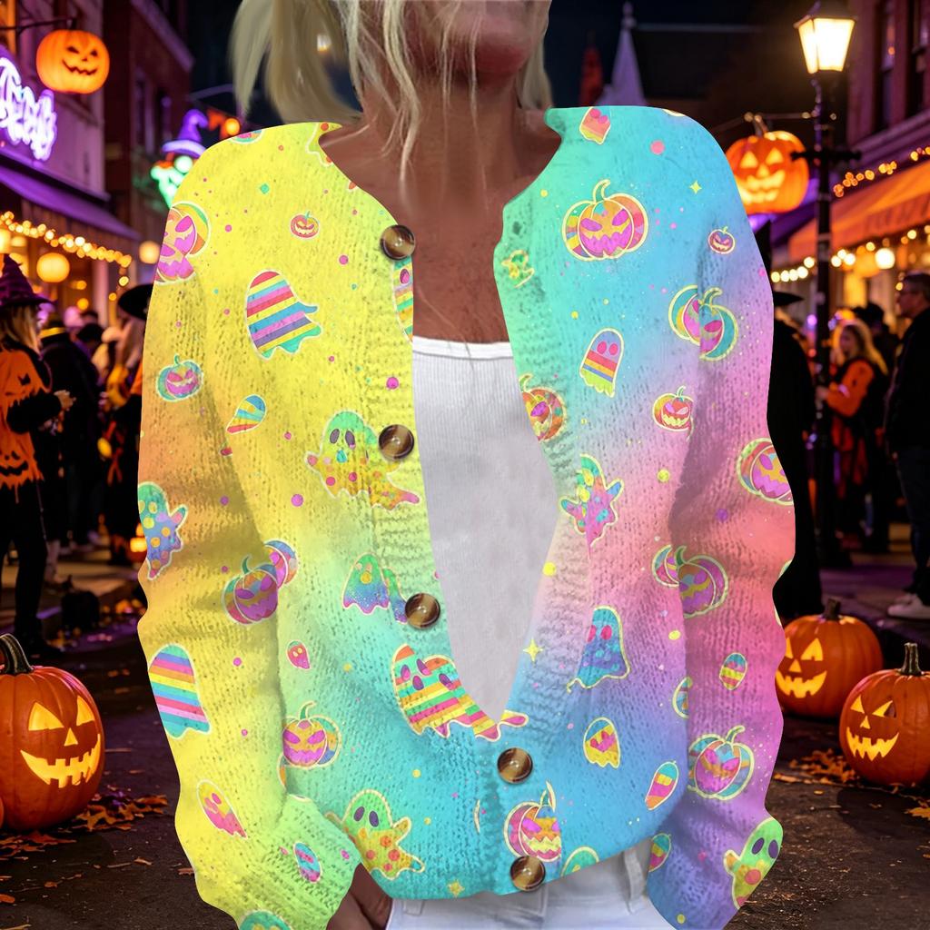 Dámský pletený kardigan s dlouhým rukávem, svetr na knoflíky, halloweenský potisk, lehký, ležérní svrchní oblečení