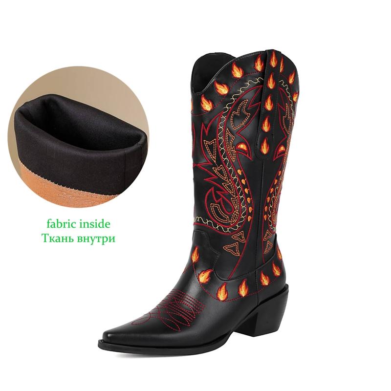 Krazing Po Polyurethane Winter Pointed Toe Western Boots Size 43 Sewing Embroidery Thick Heels Mid-calf Boots