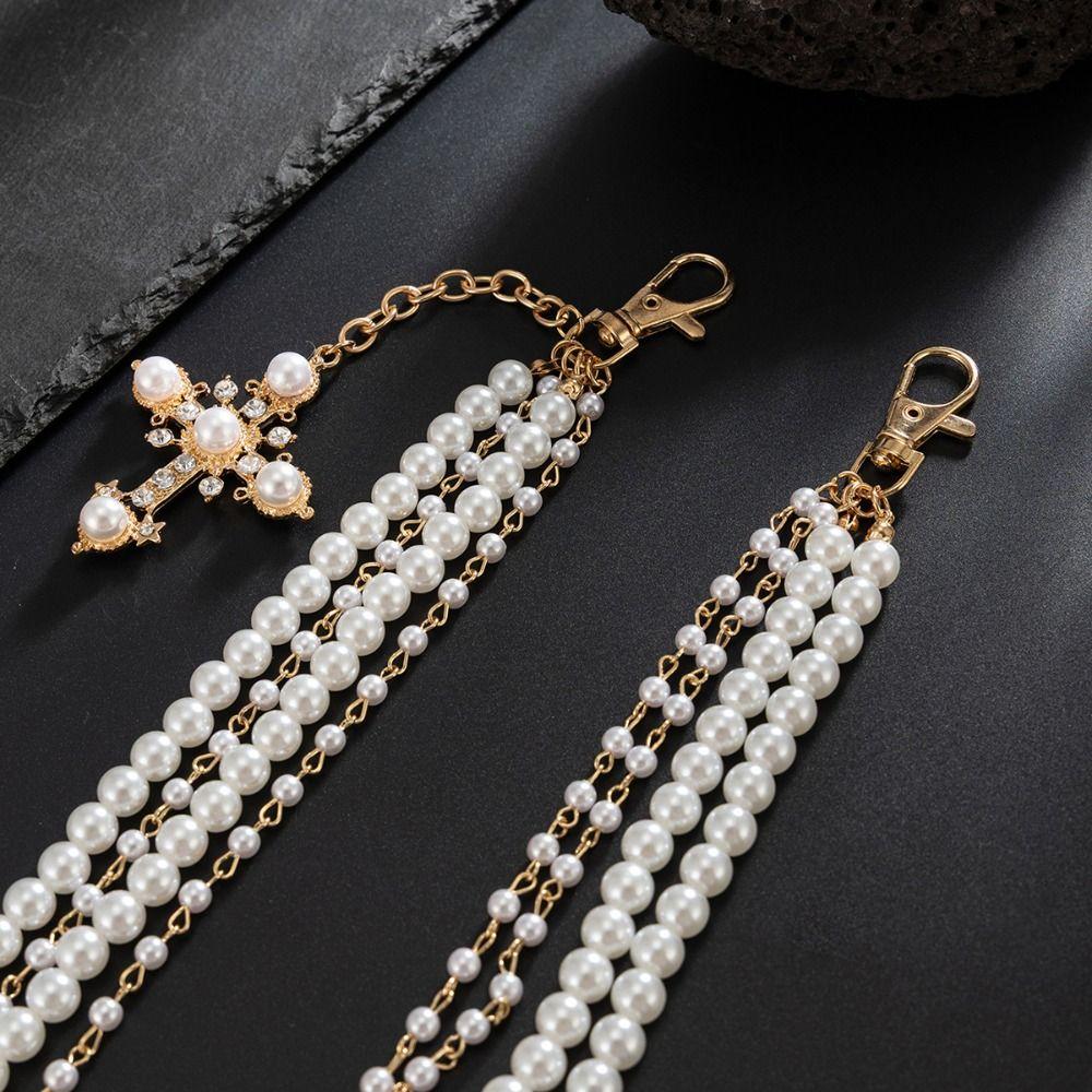 Punk Rock Cross-shaped Pearl Waist Chains Metal Pendant Pant Chain Waist Chain  For Women Man