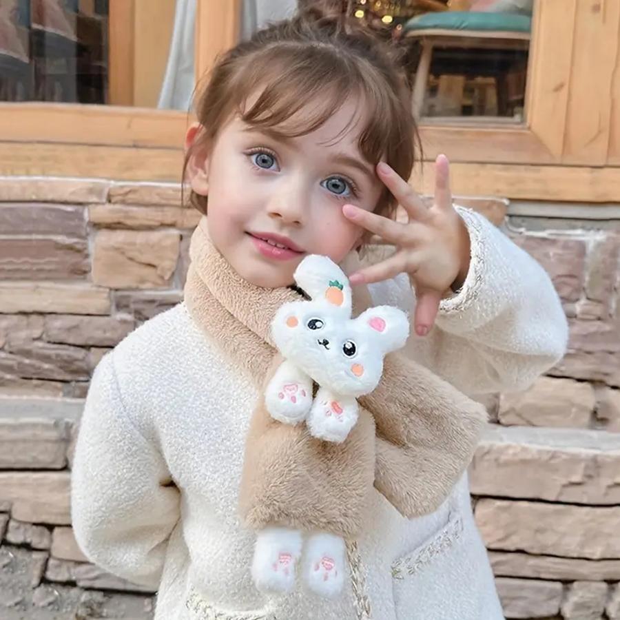 Kids Winter Warm Thick Plush Scarf Cute Cartoon Rabbit Cross Bib Baby Faux Fur Neckerchief Protection
