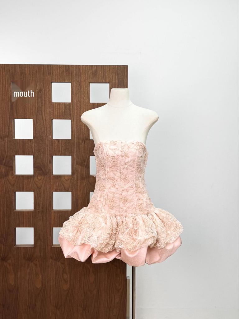 Vietnamese Cherry Blossom Pink Lace Strapless Princess Dress - Adult Birthday Gift