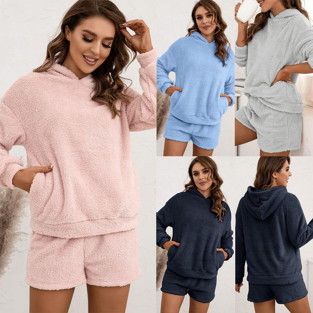 Buy Women's Furry Hooded Sweatshirt And Shorts Set Casual Loungewear