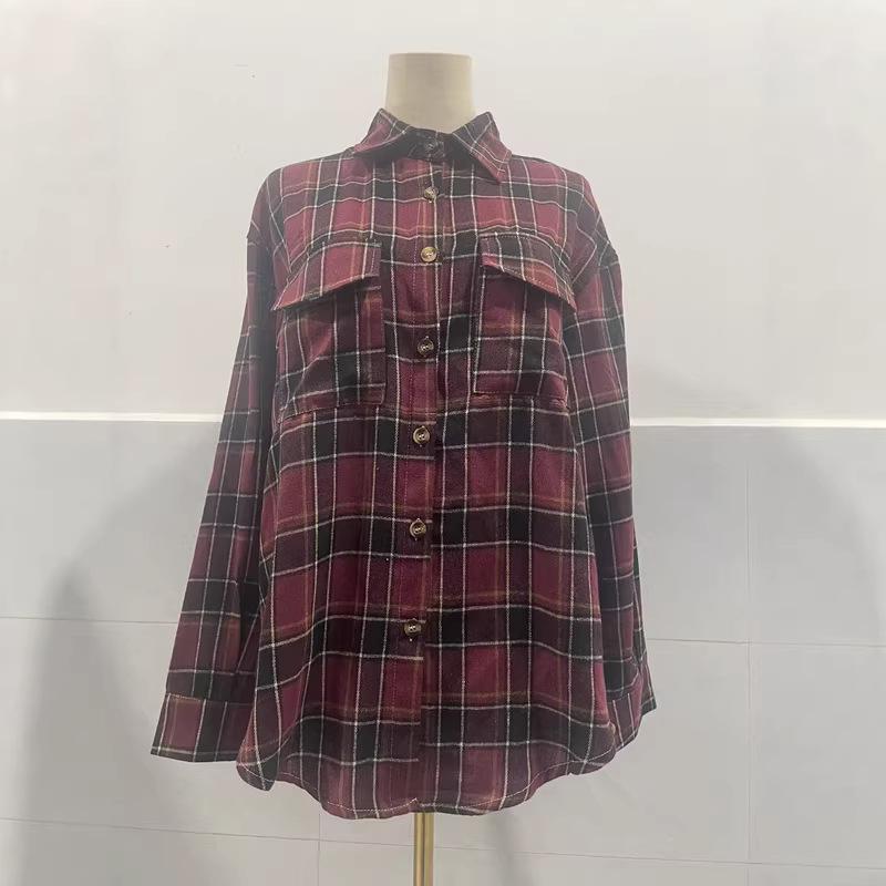 2026 Women's Autumn-Winter Loose Plaid Pocket Shirt: Casual European & American Style