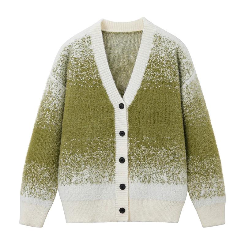 New Gradient Tie Dye Knit Cardigan Women Lazy Style Loose V Neck Sweater Fashion Casual Daily Knitted Outerwear Open Front Tops
