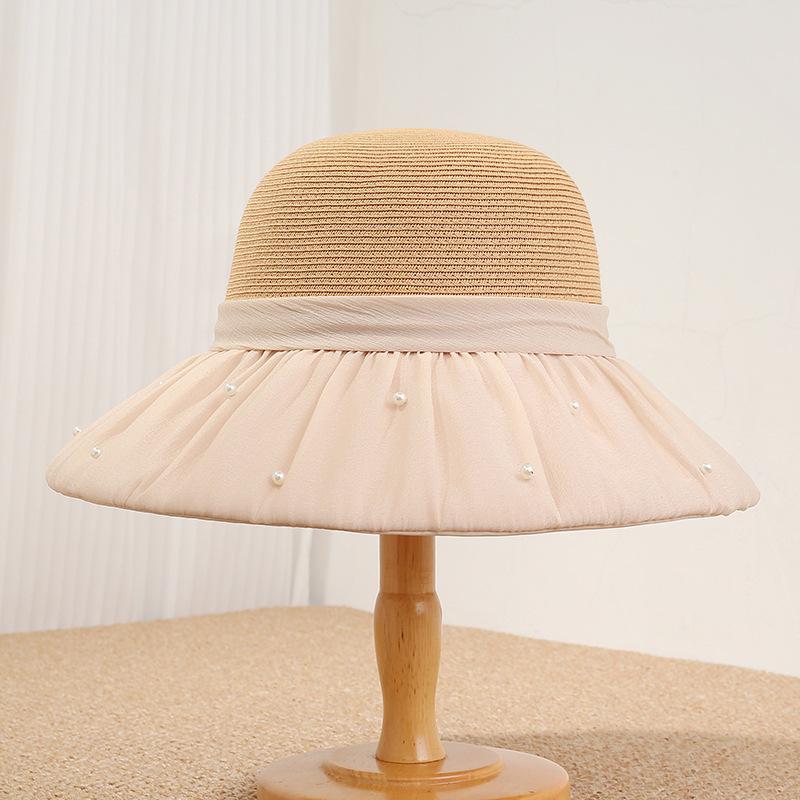 Spring and summer new women's straw hat big brim sun hat French pearl bow versatile sun protection hat travel