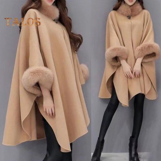 Pelerina de iarnă pentru doamnă, mâneci dolman, șal gros, guler largi, culoare uni, decor blană artificială, îmbrăcăminte caldă de zi cu zi, poncho de lucru în aer liber